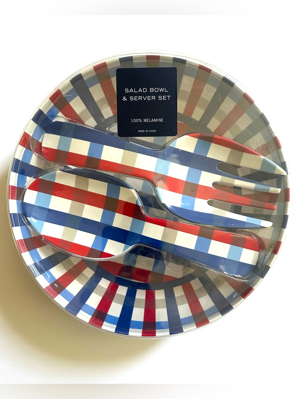 💥3pc Patriotic Plaid Salad Bowl & Server Set - Red/Blue/White - Americana